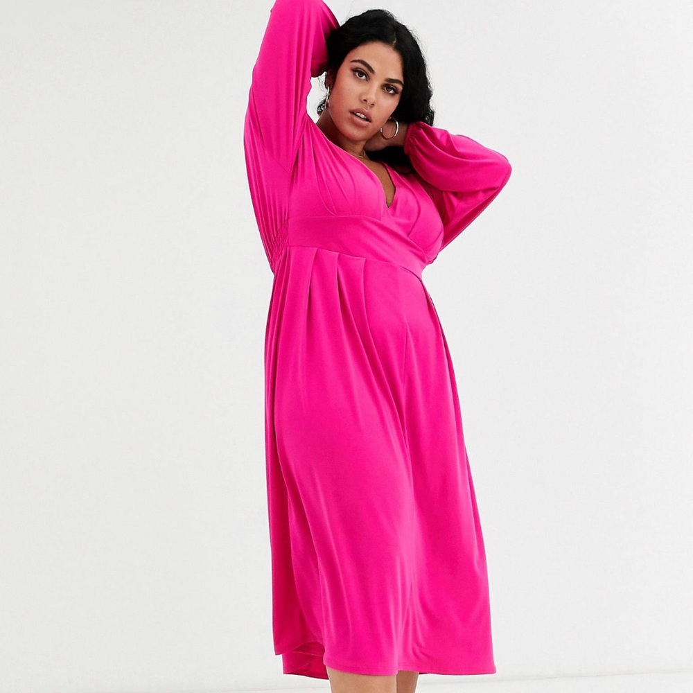 ASOS Design Curve Long Sleeve V-Neck Midi Dress